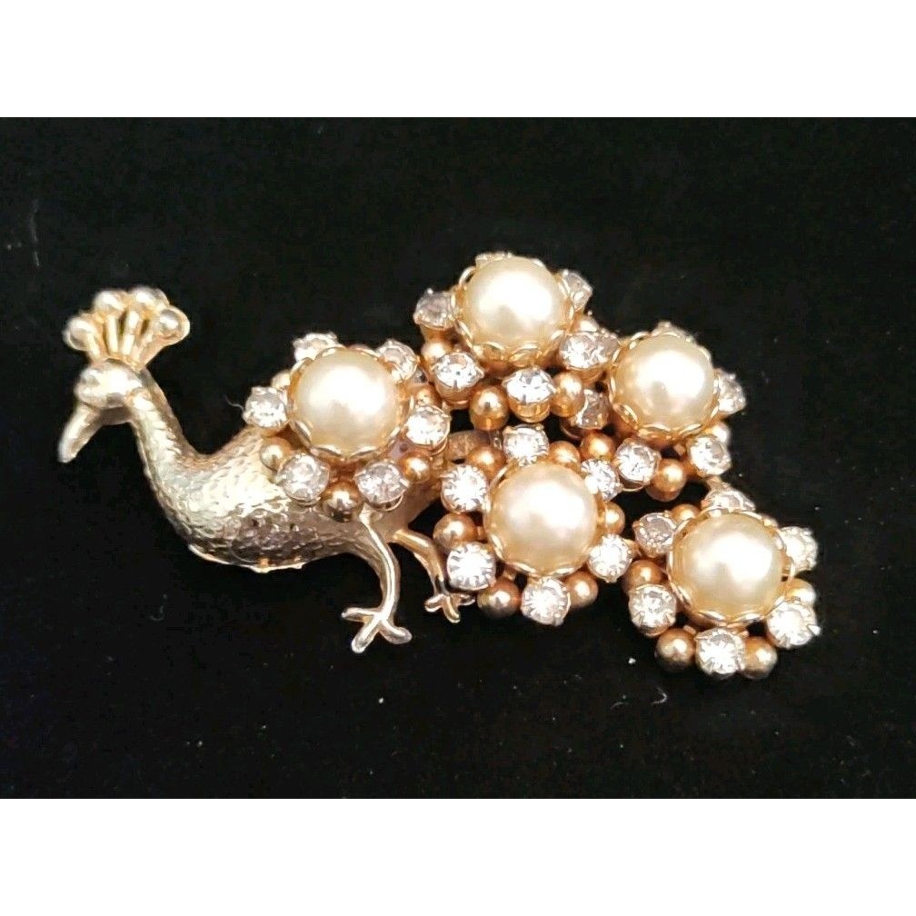 Gold Tone Peacock Brooch W/Rhinestones 2.5